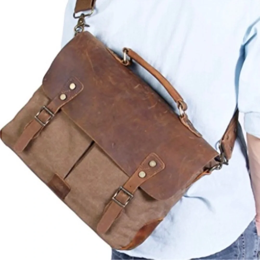 Genuine Leather Brown Canvas Vintage Style Laptop Messenger Bag Satchel